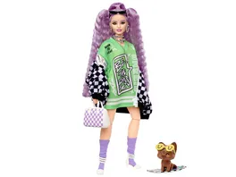 Barbie Extra Puppe in schwarz weisser Rennwagejacke mit lila Haaren