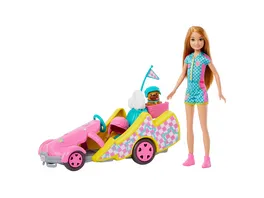 Barbie Stacie Rennfahrerin Puppe mit Gokart Spielzeugauto Huendchen Zubehoer und Stickerbogen