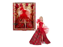 Barbie Signature 2024 Holiday Barbie Modepuppe saisonales Sammlergeschenk blond mit Karokleid