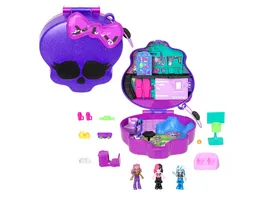 Polly Pocket Monster High Schatulle mit 3 kleinen Puppen und 10 Zubehoerteilen und einer Schule im Inneren