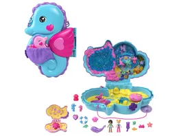 Polly Pocket Daddy and Me Seepferdchenschatulle mit 2 kleinen Puppen Tieren und 13 Zubehoerteilen 2 in 1 Tasche und Spielzeug mit Shani