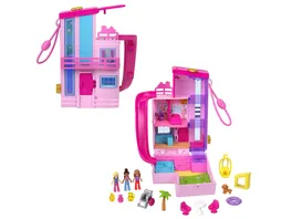 Polly Pocket Barbie Traumvilla Schatulle Puppenhaus Spielset mit 3 Mikropuppen 1 Haustier und 11 Zubehoerteilen