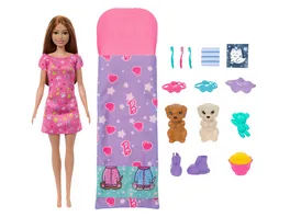 Barbie Puppe und Welpen Pyjama Party Spielset mit 2 Spielzeughunden und mehr als 10 Zubehoerteilen Farbwechsel