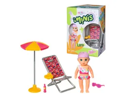 BABY born Minis Playset Summertime 7 cm grosse Puppe Lara mit Liegestuhl Sonnenschirm und Flasche 906132 Zapf Creation