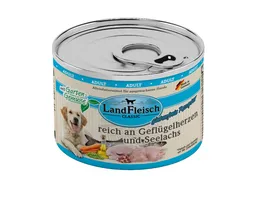 LandFleisch Classic Hundenassfutter Reich an Gefluegelherzen und Seelachs mit Gartengemuese