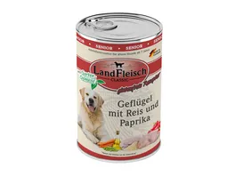 LandFleisch Classic Senior Hundenassfutter Gefluegel mit Reis und Paprika mit Gartengemuese
