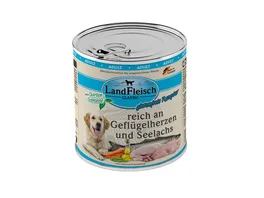 LandFleisch Classic Hundenassfutter Reich an Gefluegelherzen und Seelachs mit Gartengemuese