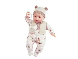 Schildkroet Puppen Baby Amy 45 cm mit Schnuller Malhaar braune Schlafaugen Biberoverall Muetze Weste