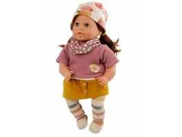 Schildkroet Puppen Puppe Susi 45 cm braune Haare blaue Schlafaugen Kleidung weiss lila senf