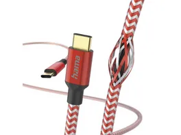 Hama Ladekabel Reflective USB C USB C 1 5 m Nylon Rot