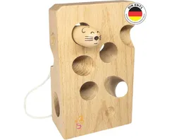 Schmetterline Kaeselino Faedelspiel aus Holz mit Kaese und Maus Montessori Motorik Spielzeug