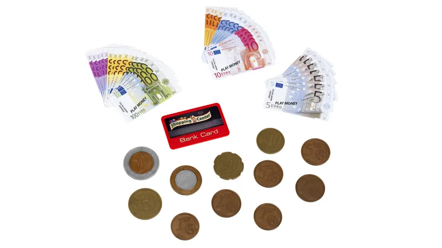 Theo Klein 9605 Euro-Spielgeld mit Kreditkarte I 37 Scheine und 11 Münzen – von der 1-Cent-Münze bis zum 500-Euro-Schein