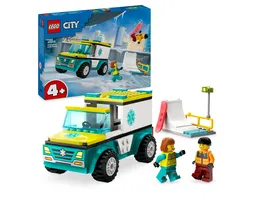 LEGO City 60403 Rettungswagen und Snowboarder Set mit Spielzeug Auto