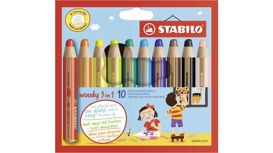 STABILO® Buntstift, Wasserfarbe & Wachsmalkreide - STABILO woody 3 in 1 - 10er Pack - mit 10 verschiedenen Farben