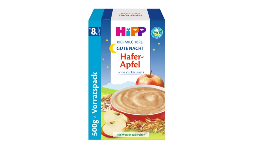 HiPP Bio-Milchbrei ohne Zuckerzusatz 450g: Gute-Nacht-Brei Hafer Apfel, ab 8. Monat, zwei Einzalpackungen a 225g