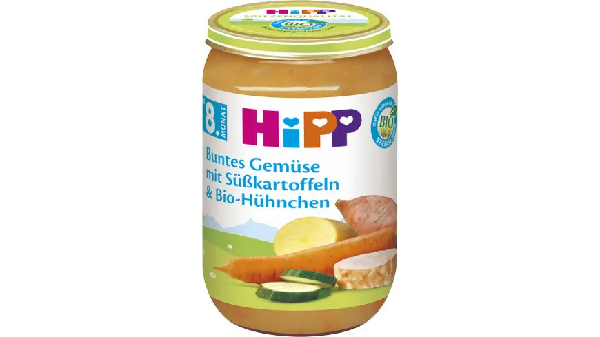 HiPP Menüs 220g: Buntes Gemüse mit Süßkartoffeln und Bio-Hühnchen, ab 8. Monat