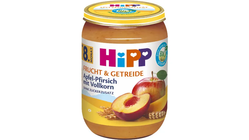 HiPP Bio Frucht und Getreide Apfel-Pfirsich mit Vollkorn, ohne Zuckerzusatz, 190g