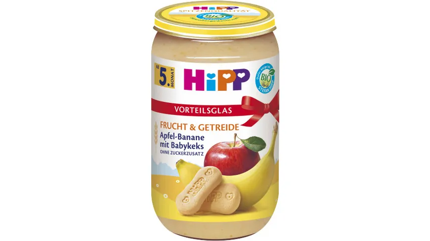 HiPP Frucht und Getreide: Apfel-Banane mit Babykeks ohne Zuckerzusatz, 250g