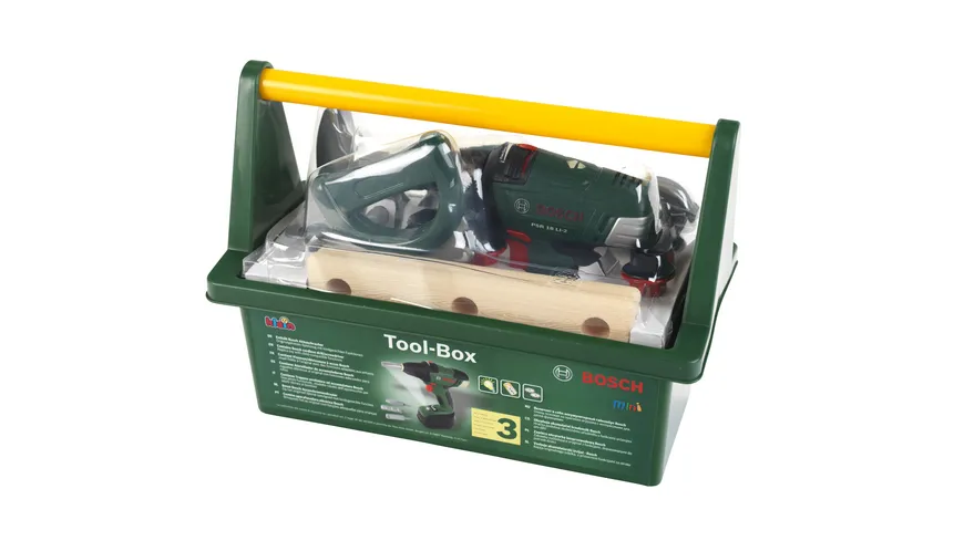 Theo Klein 8520 Bosch Werkzeug-Box | Mit Hammer, Säge, Rollgabelschlüssel, Inkl. Batterieb. Akkuschrauber Maße: 31 cm x 16,5 cm x 12,5 cm