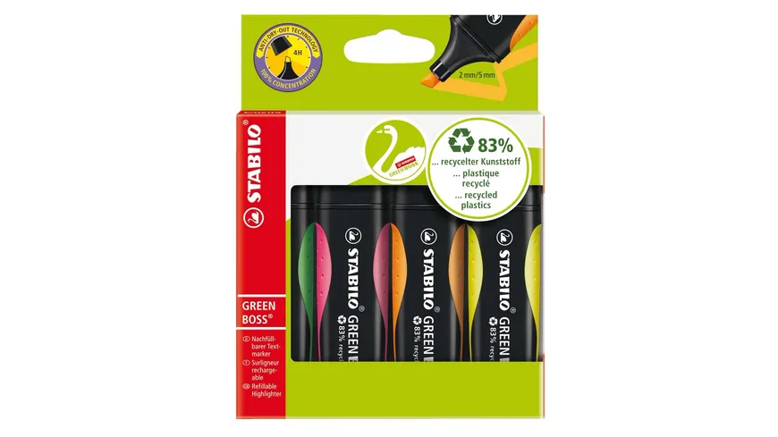 STABILO® Umweltfreundlicher Textmarker - STABILO GREEN BOSS - 4er Pack - grün, rosa, orange, gelb