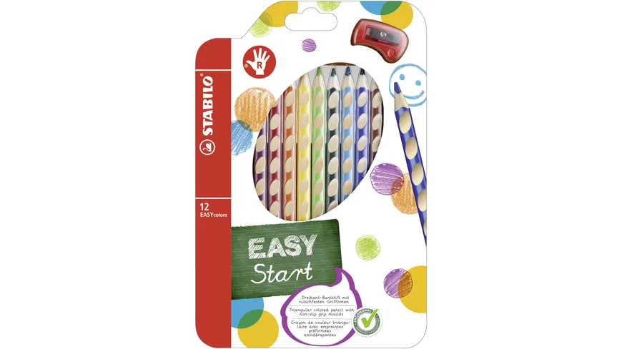 STABILO® Ergonomischer Buntstift für Rechtshänder - STABILO EASYcolors - 12er Pack mit Spitzer - mit 12 verschiedenen Farben