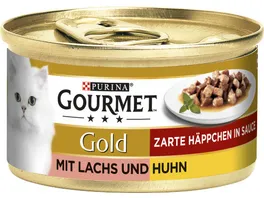 GOURMET Gold Zarte Haeppchen mit Lachs Huhn Katzennassfutter 85g Dose