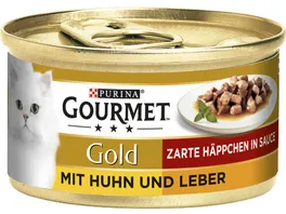 GOURMET Gold Zarte Haeppchen mit Huhn Leber Katzennassfutter 85g Dose