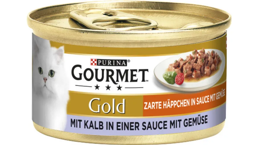 GOURMET Gold Zarte Häppchen mit Kalb & Gemüse, Katzennassfutter, 85g Dose