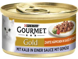 GOURMET Gold Zarte Haeppchen mit Kalb Gemuese Katzennassfutter 85g Dose