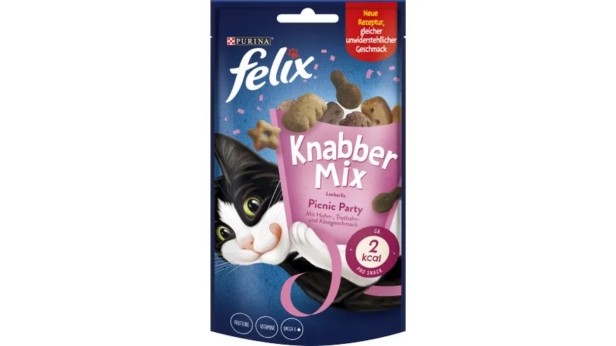 FELIX KnabberMix Picnic Party mit Huhn-, Käse- und Truthahngeschmack Katzensnacks 60g Beutel