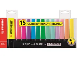 STABILO Textmarker STABILO BOSS ORIGINAL 15er Tischset 9 Leuchtfarben 6 Pastellfarben