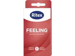 Ritex Feeling 8 Kondome aus Naturkautschuklatex transparent glatte Oberflaeche mit Ritex Perfect Form mit Reservoir Breite flachliegend 55 mm Gleitmittel Dimeticon mit Duftstoff