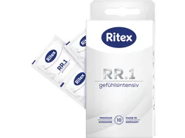 Ritex RR 1 10 Kondome aus Naturkautschuklatex gefuehlsintensiv transparent glatte Oberflaeche zylindrisch mit Reservoir Breite flachliegend 53 mm Gleitmittel Dimiticon