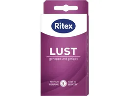 Ritex Lust 8 Kondome aus Naturkautschuklatex genoppt und gerippt transparent mit Ritex Perfect Form mit Reservoir Breite flachliegend 55 mm Gleitmittel Dimiticon