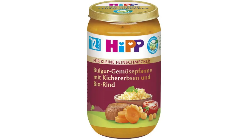 HiPP Menüs für kleine Feinschmecker 250g: Bulgur-Gemüsepfanne mit Kichererbsen und Bio-Rind, ab 12. Monat