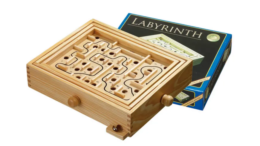 Labyrinth Gesellschaftsspiel aus Holz rot/natur mit Metallkugel 