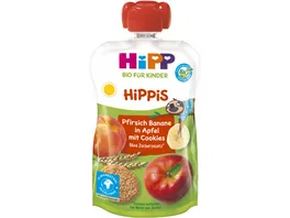 HiPP Bio fuer Kinder HiPPiS mit Vollkorn Pfirsich Banane in Apfel mit Cookies Felix Faultier 100g