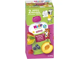 HiPP HiPPis im Quteschbeutel 4x100g Waldbeeren in Apfel Pfirsich ab 1 ohne Zusatz von Zucker Zutaten enthalten von Natur aus Zucker