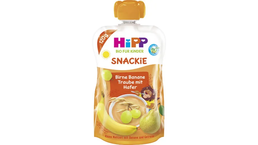 HiPP Bio für Kinder Snackie Birne-Banane-Traube mit Hafer - Leo Löwe, 120g