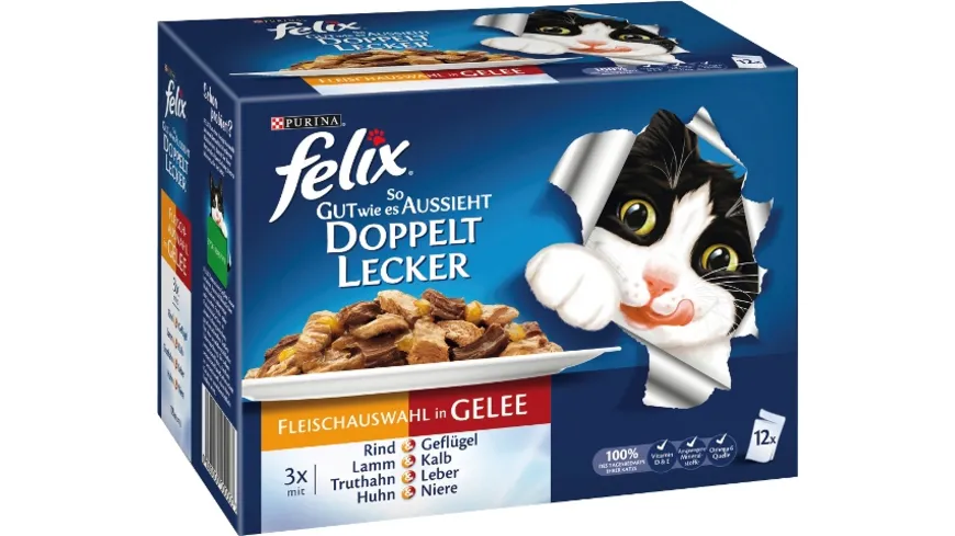 FELIX Doppelt Lecker Geschmacksvielfalt vom Land in Gelee Katzennassfutter 12x85g Portionsbeutel