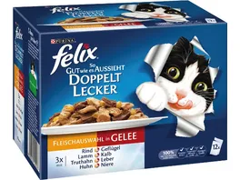 FELIX Doppelt Lecker Geschmacksvielfalt vom Land in Gelee Katzennassfutter 12x85g Portionsbeutel