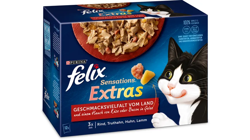 FELIX Sensations Extras in Gelee Geschmacksvielfalt vom Land Katzennassfutter 12x85g Portionsbeutel