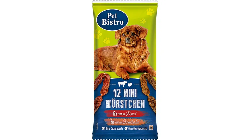 Pet Bistro Hundesnack 12 Mini Würstchen für Hunde, 6x reich an Rind 6x reich an Truthahn