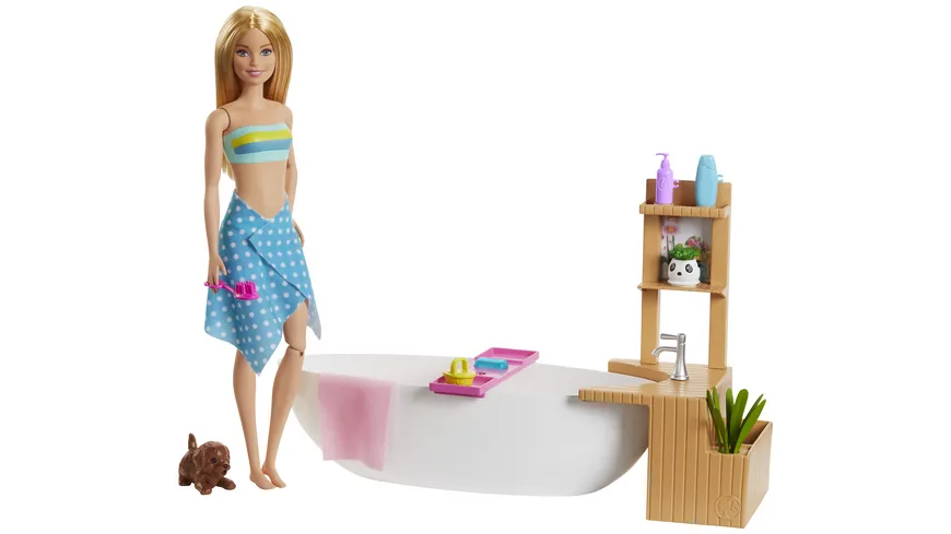 Wellnesstag Puppe Spielset mit Badewanne Zubehörteile ab 3 Jahren Barbie GJN32