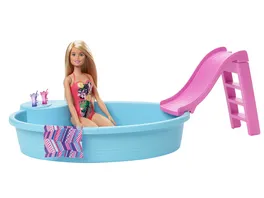 Barbie Pool Spielset mit Puppe blond Anziehpuppe Barbie Moebel Barbie Zubehoer