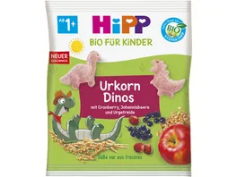 HiPP Bio fuer Kinder Knabberprodukt 30g Urkorn Dinos mit Hirse Dinkel Hafer und Emmer ohne Zucker und Salzzusatz ab 1