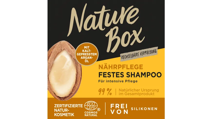 Nature Box Festes Shampoo Argan-Öl, Nährpflege, vegane Formel, ohne Plastik, frei von Silikonen