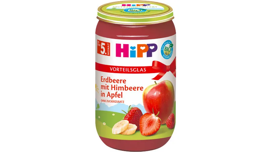 HiPP Früchte 250g im Vorteilsglas: Erdbeere mit Himbeere in Apfel, ohne Zuckerzusatz, nach dem 5. Monat
