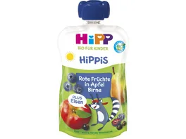 HiPP Bio fuer Kinder HiPPiS Quetschbeutel 100g Rote Fruechte in Apfel Birne mit Eisen ab 1 Jahre