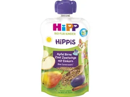 HiPP Bio fuer Kinder HiPPiS Quetschbeutel 100g Apfel Birne Zimt Zwetschge mit Einkorn ohne Zuckerzusatz ab 1 Jahre